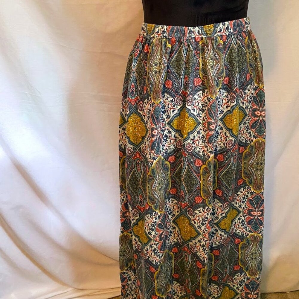Garnet Hill 100% Organic Cotton Boho Maxi Skirt Paisley Stretch Waist Long Flowy